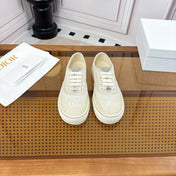 DIOR 26S LOW TOP SNEAKERS IN BEIGE CANVAS WITH WHITE LACE TRIM & LOGO PRINT