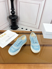 DIOR 26S LOW TOP SNEAKERS IN LIGHT BLUE CANVAS WITH WHITE LACE TRIM & LOGO PRINT
