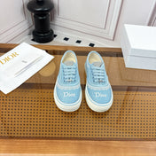 DIOR 26S LOW TOP SNEAKERS IN LIGHT BLUE CANVAS WITH WHITE LACE TRIM & LOGO PRINT