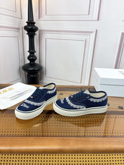DIOR 26S LOW TOP SNEAKERS IN NAVY BLUE CANVAS WITH WHITE LACE TRIM & LOGO PRINT