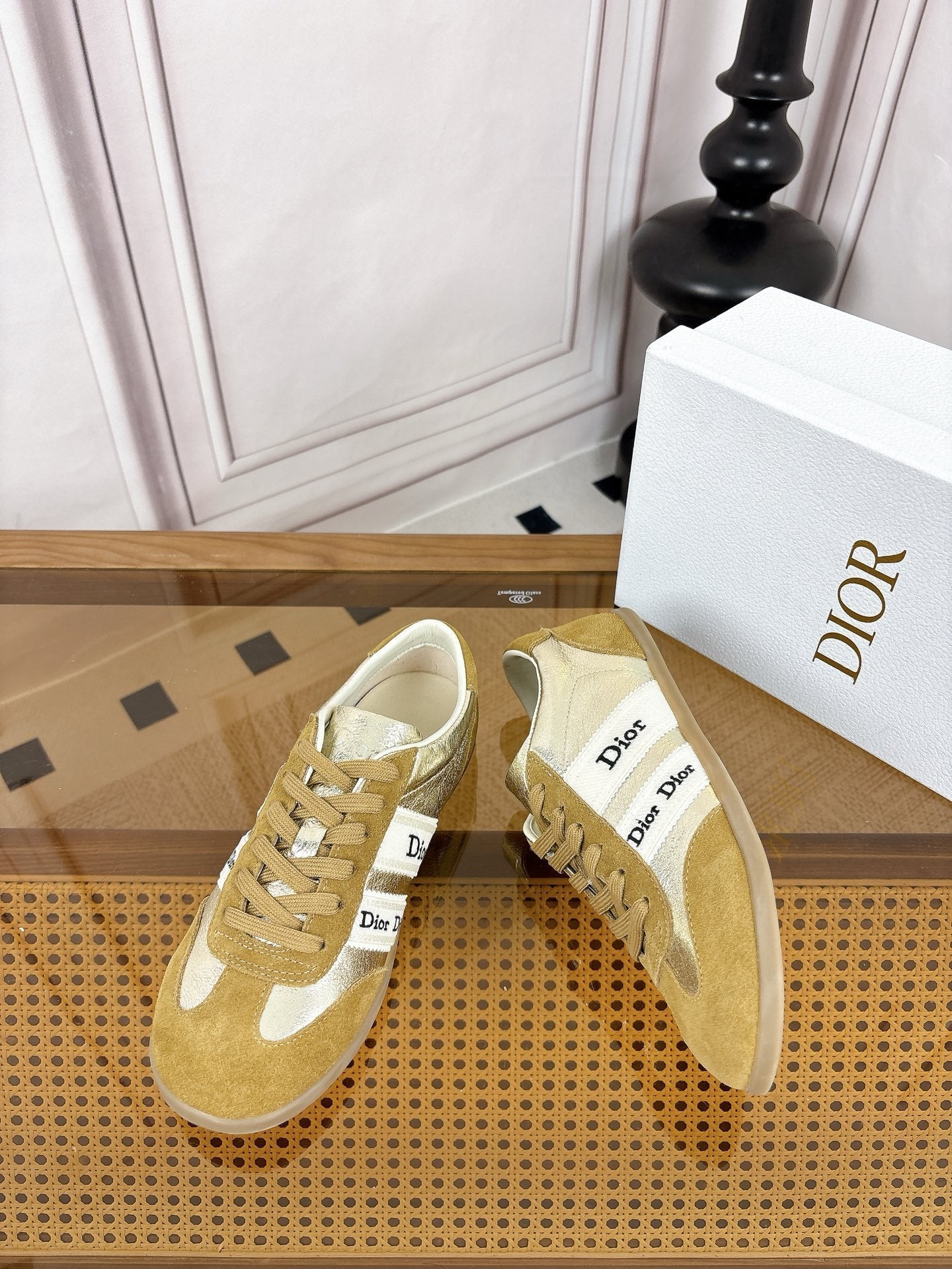DIOR 26S SNEAKERS IN OLIVE BROWN SUEDE AND SILVER METALLIC CALFSKIN