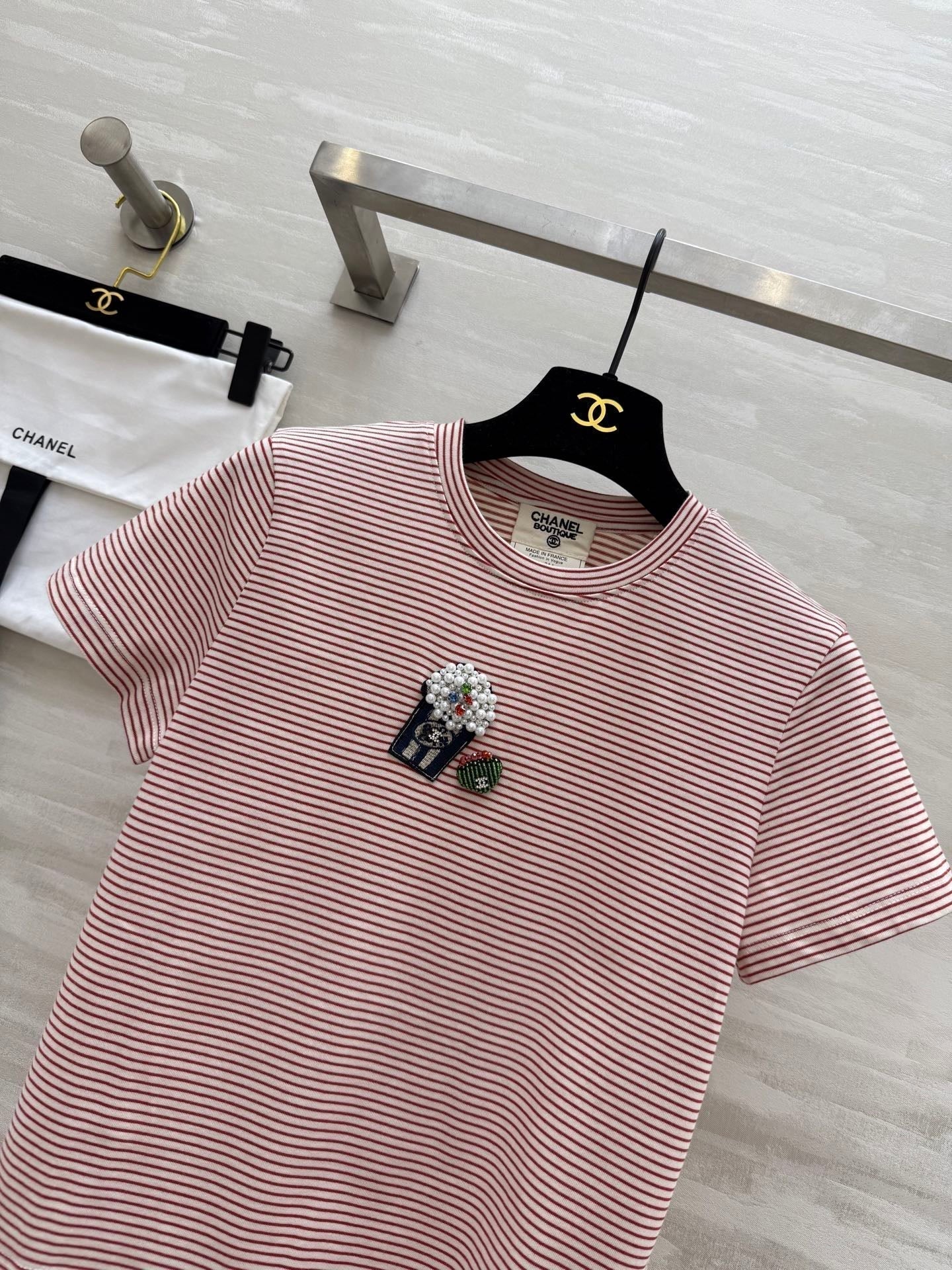 CC Beaded T-shirt Pink White Cotton