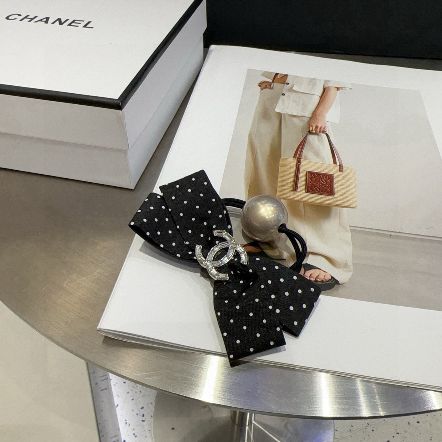CHANEL 26S BOW HAIR TIE IN BLACK WITH WHITE POLKA DOTS 505302