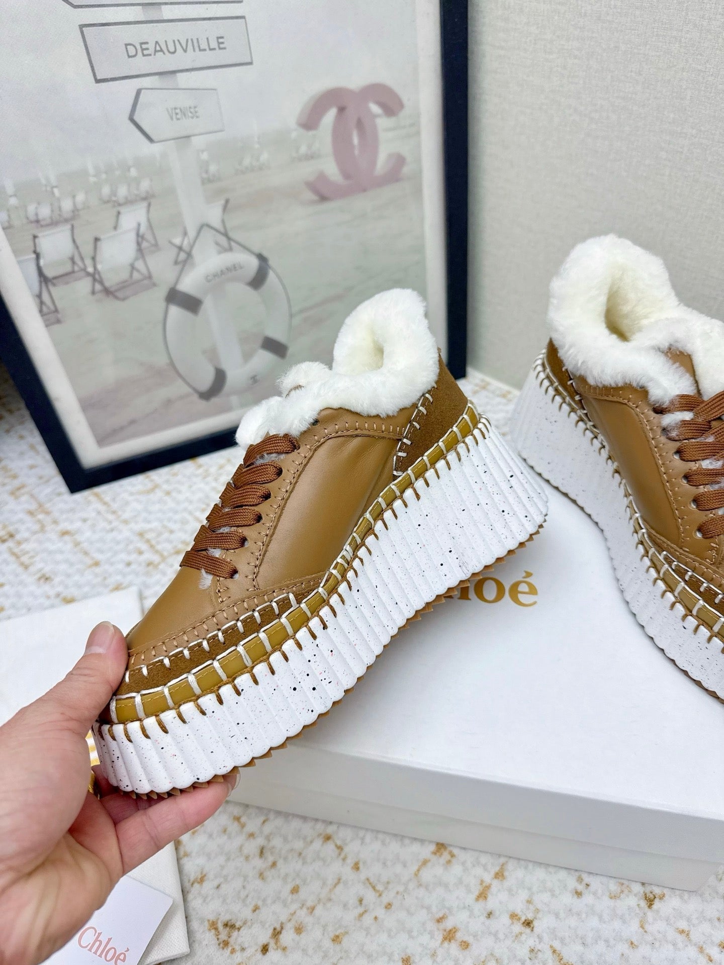 CHLOÉ 26S WEDGE SOLE SNEAKERS IN BROWN CALFSKIN