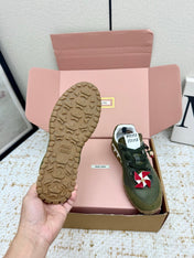 MIUMIU 26S CHARM SNEAKERS IN OLIVE GREEN MESH AND SUEDE