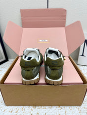 MIUMIU 26S CHARM SNEAKERS IN OLIVE GREEN MESH AND SUEDE