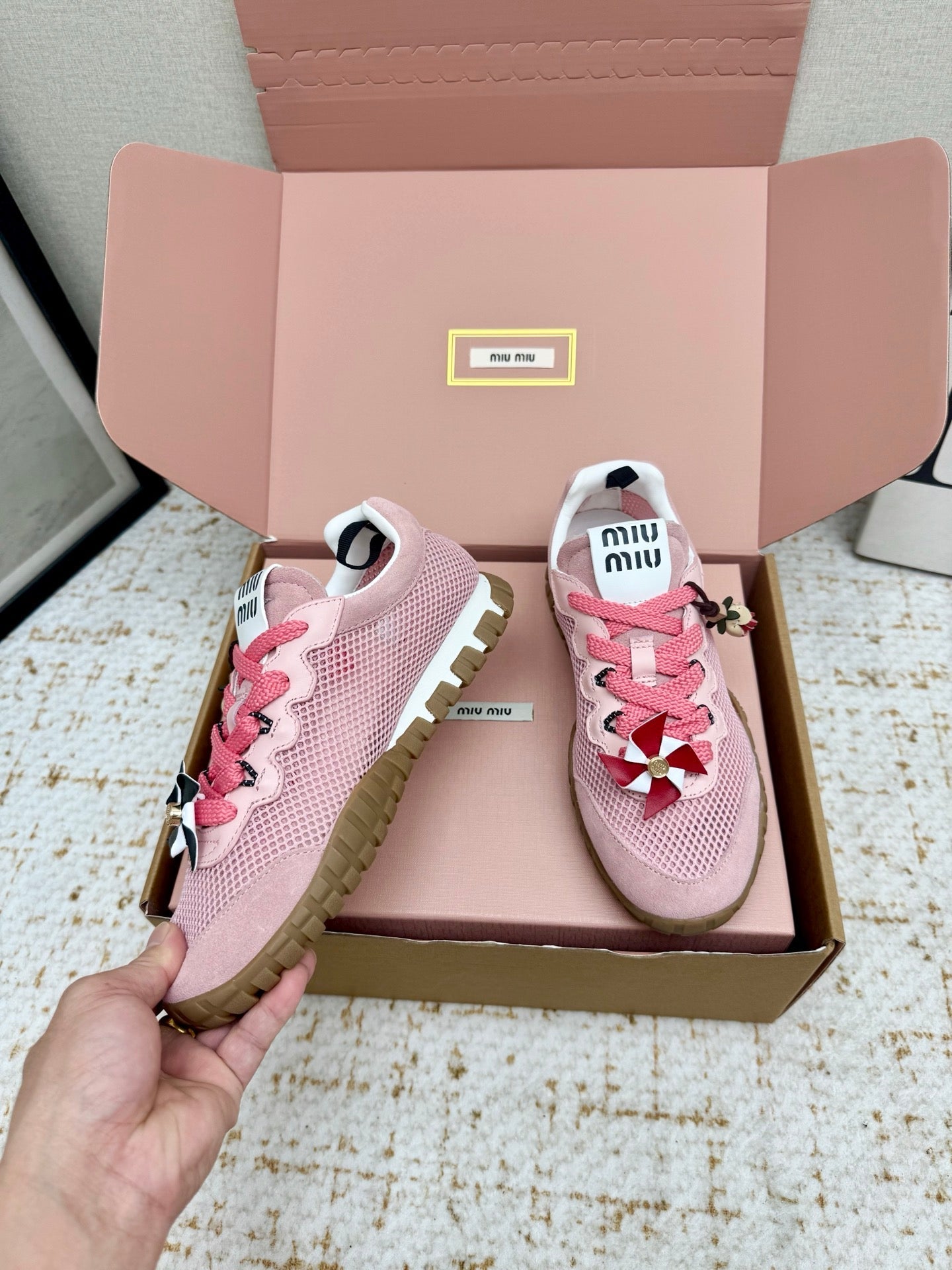 MIUMIU 26S CHARM SNEAKERS IN PINK MESH AND SUEDE