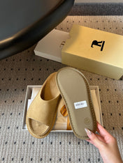 THE ROW 26S OPEN TOE MULES IN SAND BROWN SUEDE
