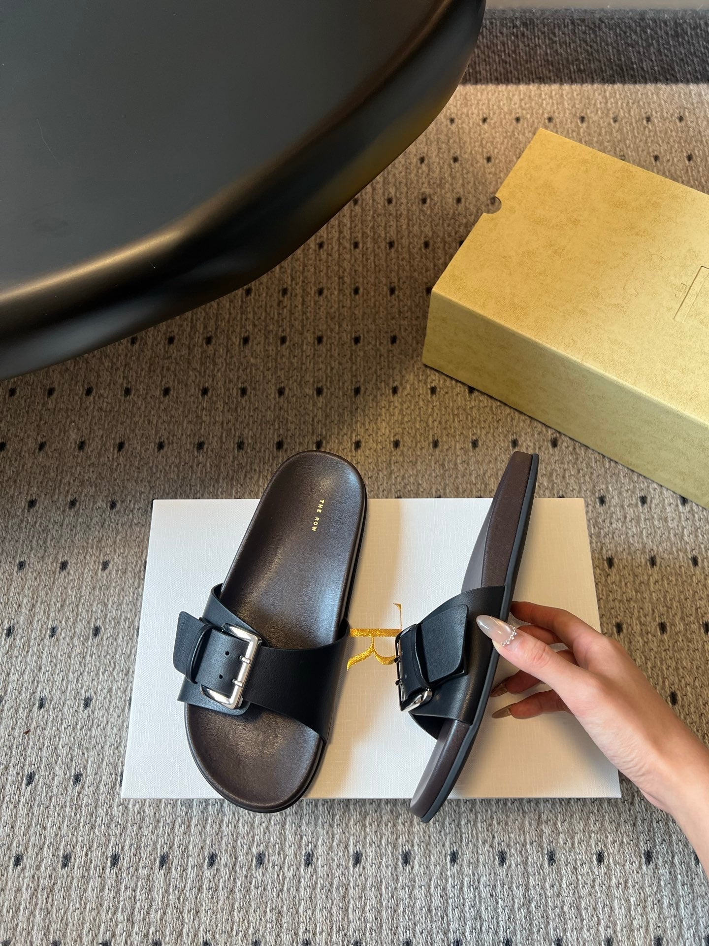 THE ROW 26S BUCKLE SLIDE SANDALS IN BLACK CALFSKIN