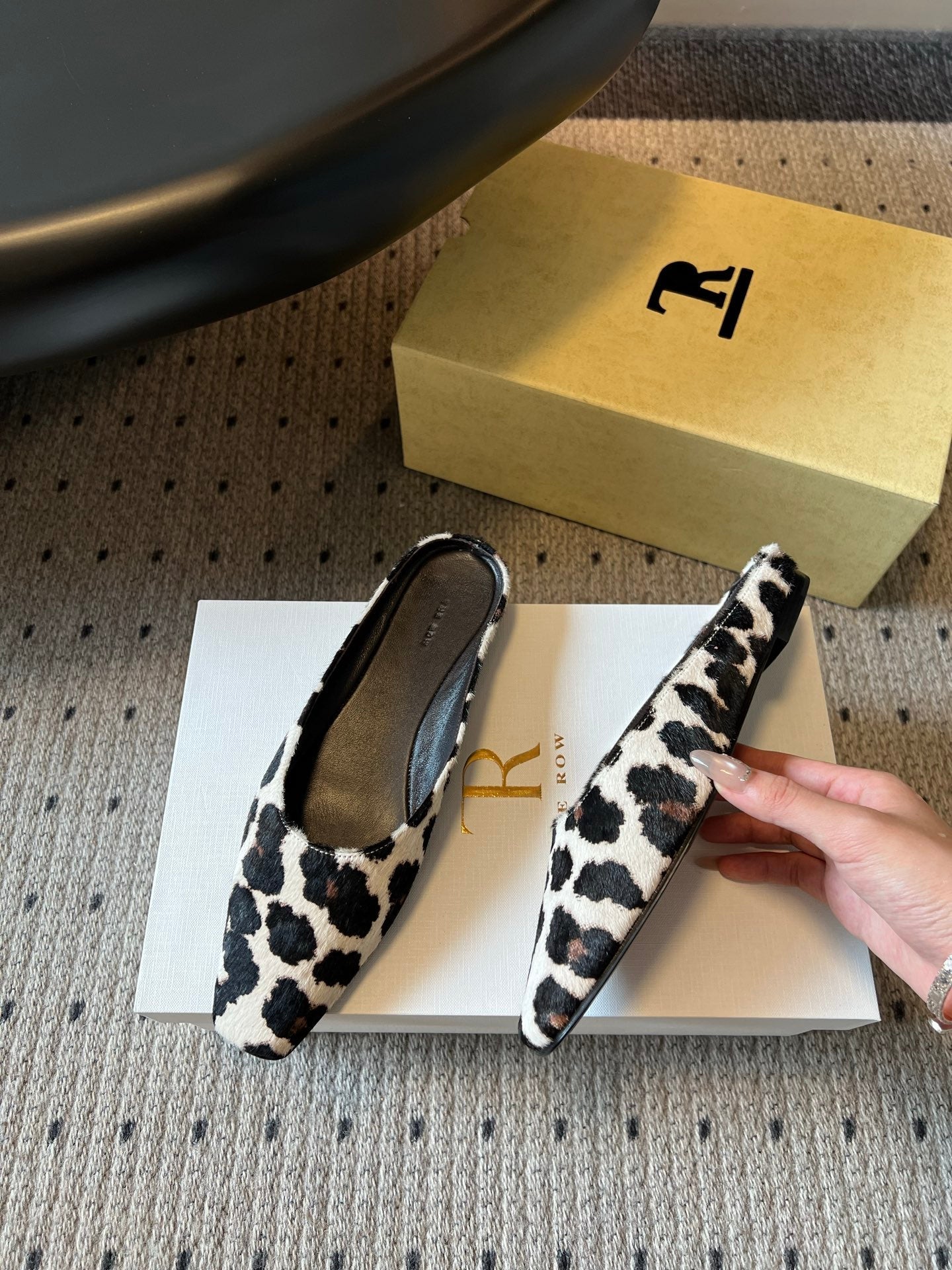 THE ROW 26S SQUARE TOE BACKLESS SLIDES IN WHITE COW PRINT CALF HAIR