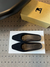 THE ROW 26S SQUARE TOE BACKLESS SLIDES IN BLACK CALF HAIR