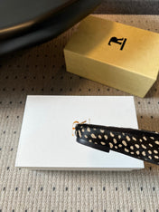 THE ROW 26S SQUARE TOE BACKLESS SLIDES IN BLACK SPOTTED CALF HAIR