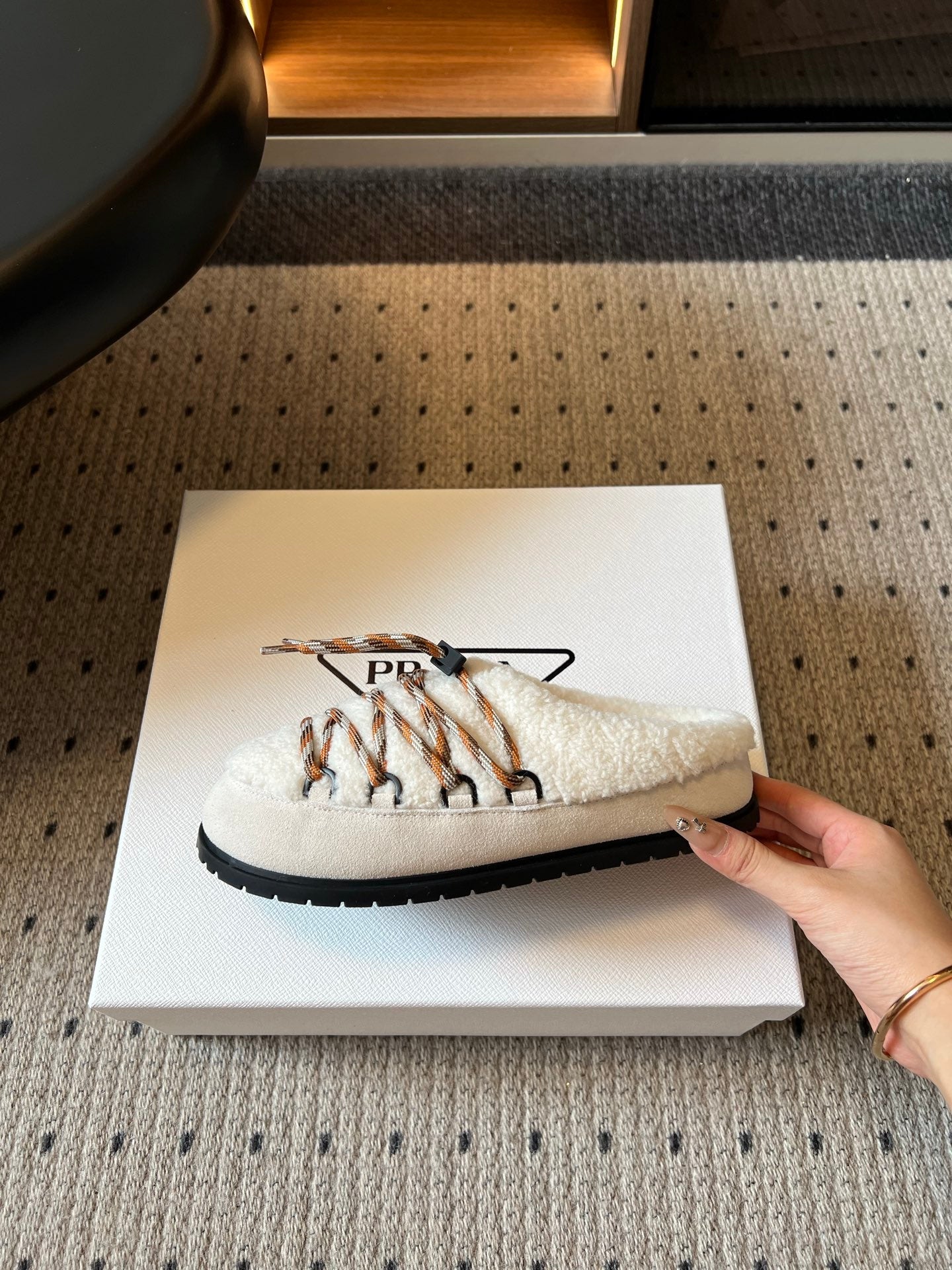 PRADA 26S WOVEN MULES IN IVORY SUEDE AND WOOL