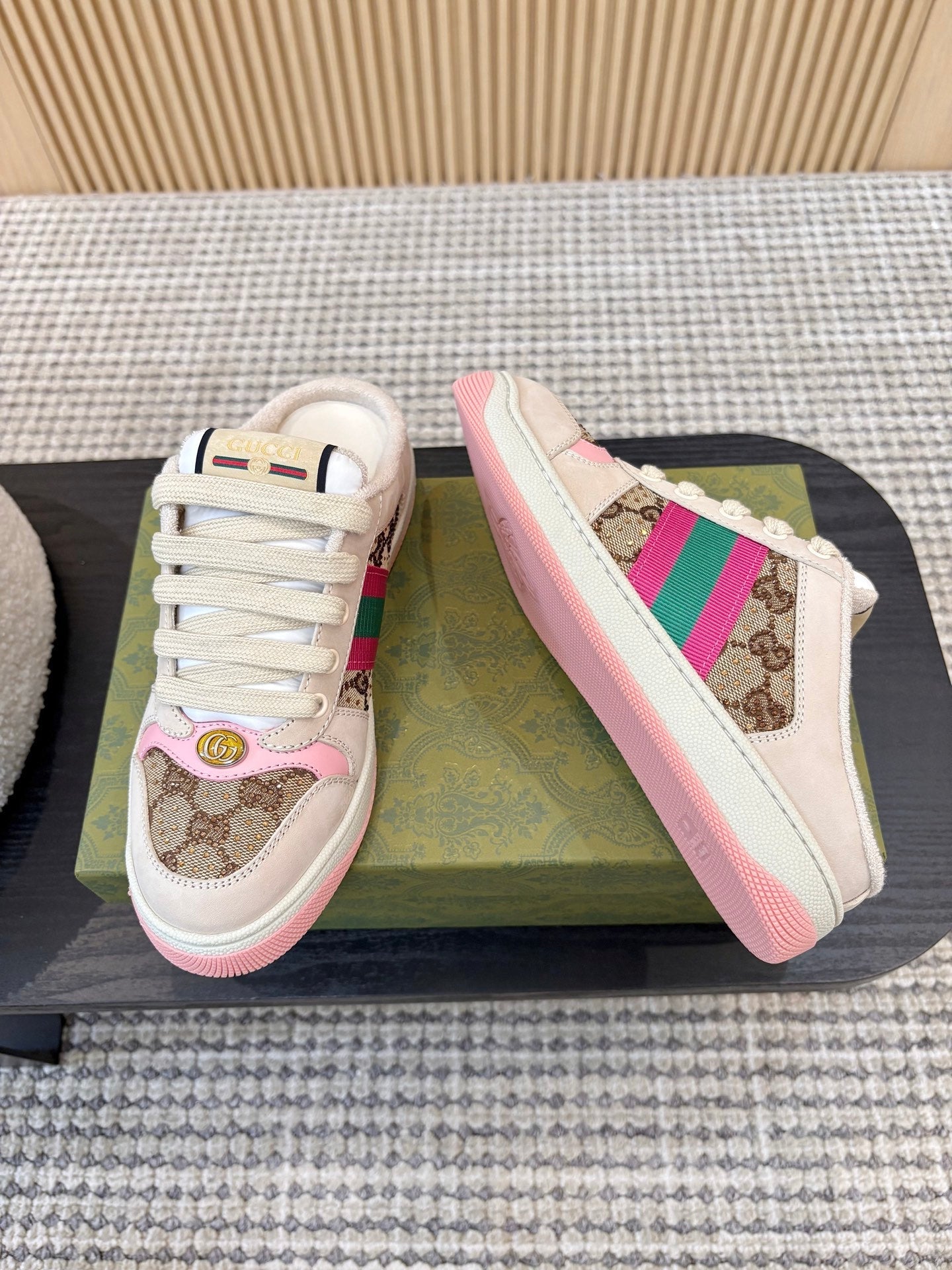 GUCCI 26S BACKLESS SNEAKERS IN BROWN CANVAS AND BEIGE LEATHER
