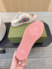 GUCCI 26S BACKLESS SNEAKERS IN BROWN CANVAS AND BEIGE LEATHER