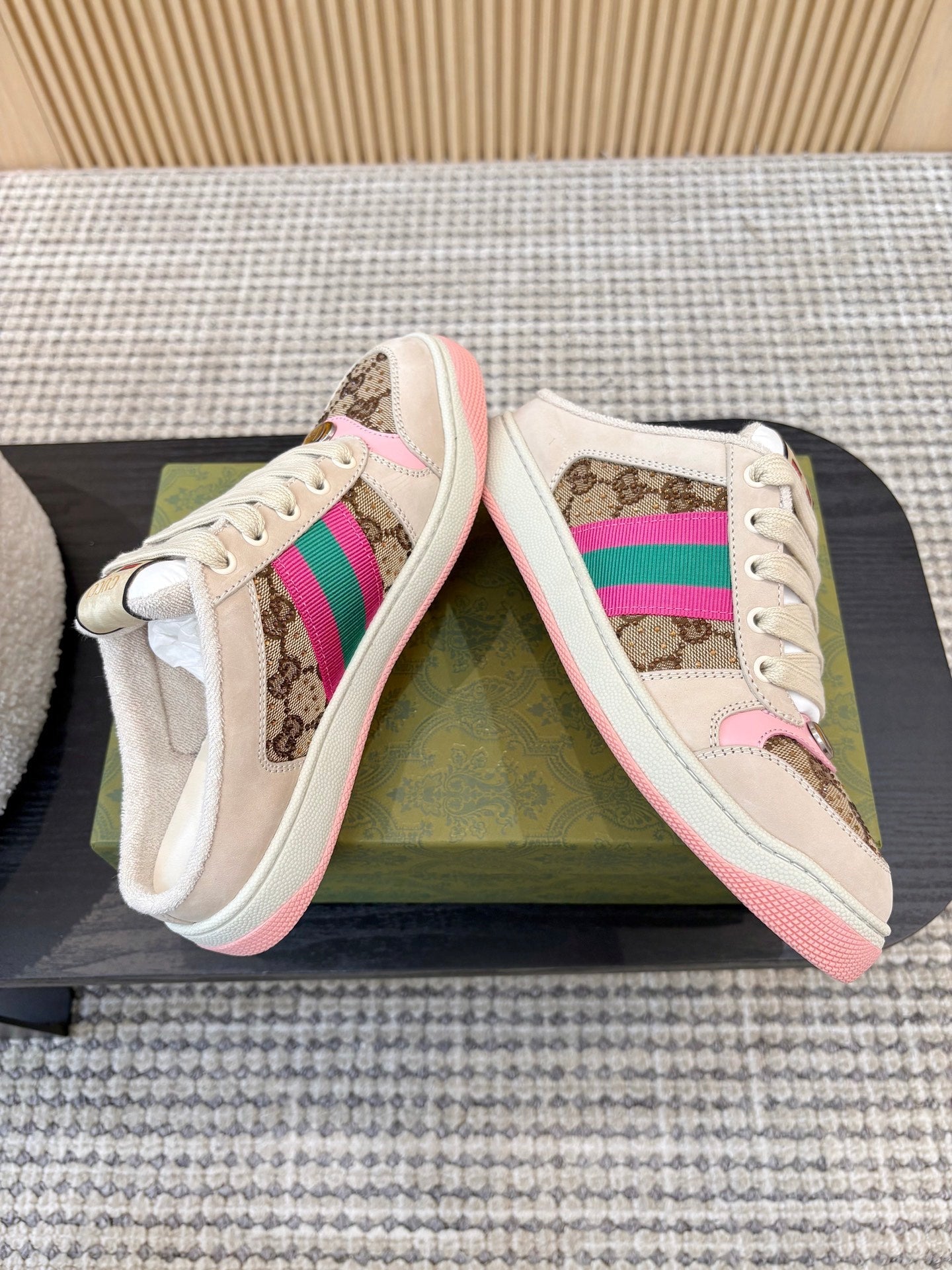 GUCCI 26S BACKLESS SNEAKERS IN BROWN CANVAS AND BEIGE LEATHER