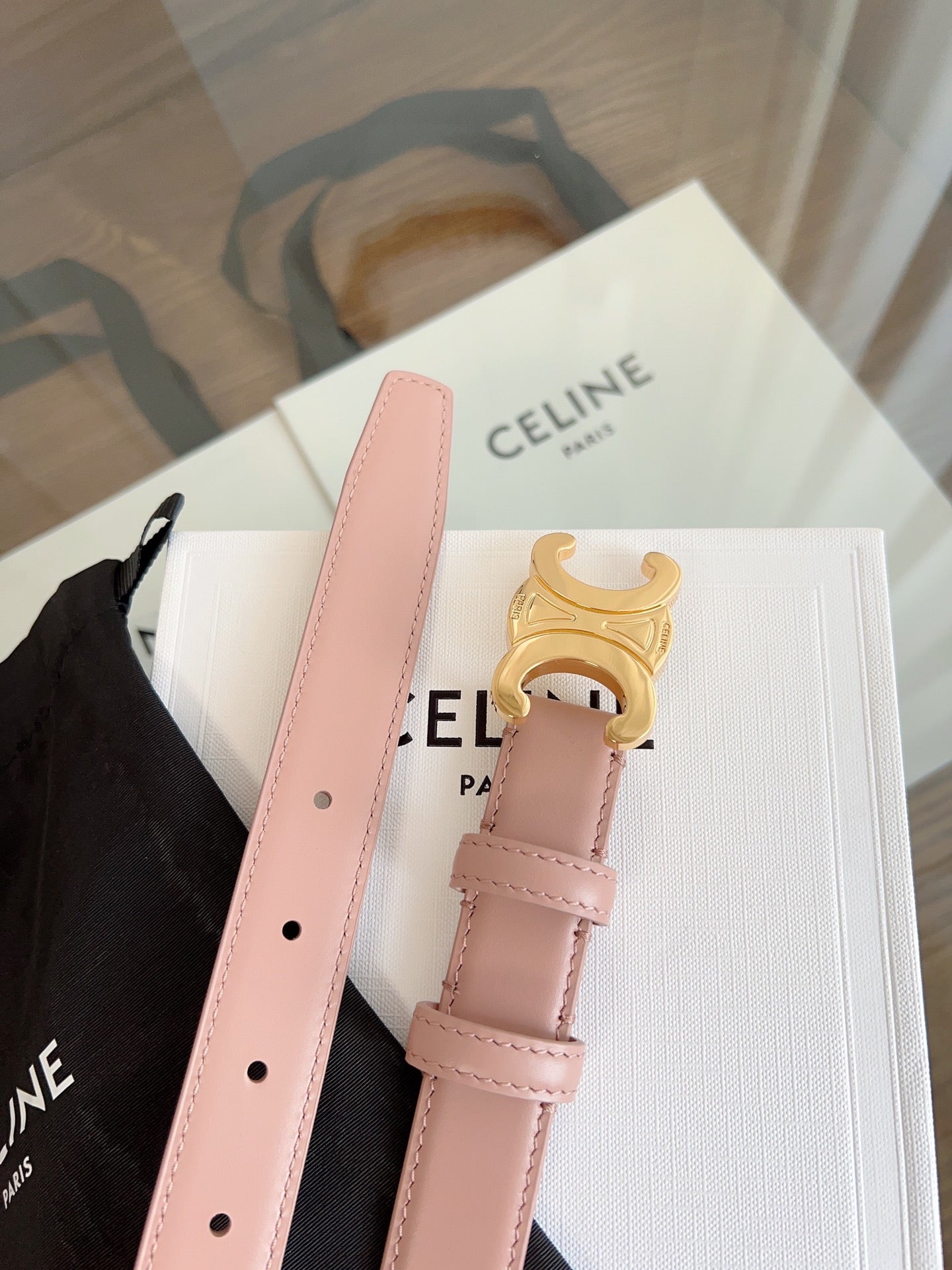 TRIOMPHE BELT 24MM IN TEA ROSE CALFSKIN WITH GOLD BUCKLE
