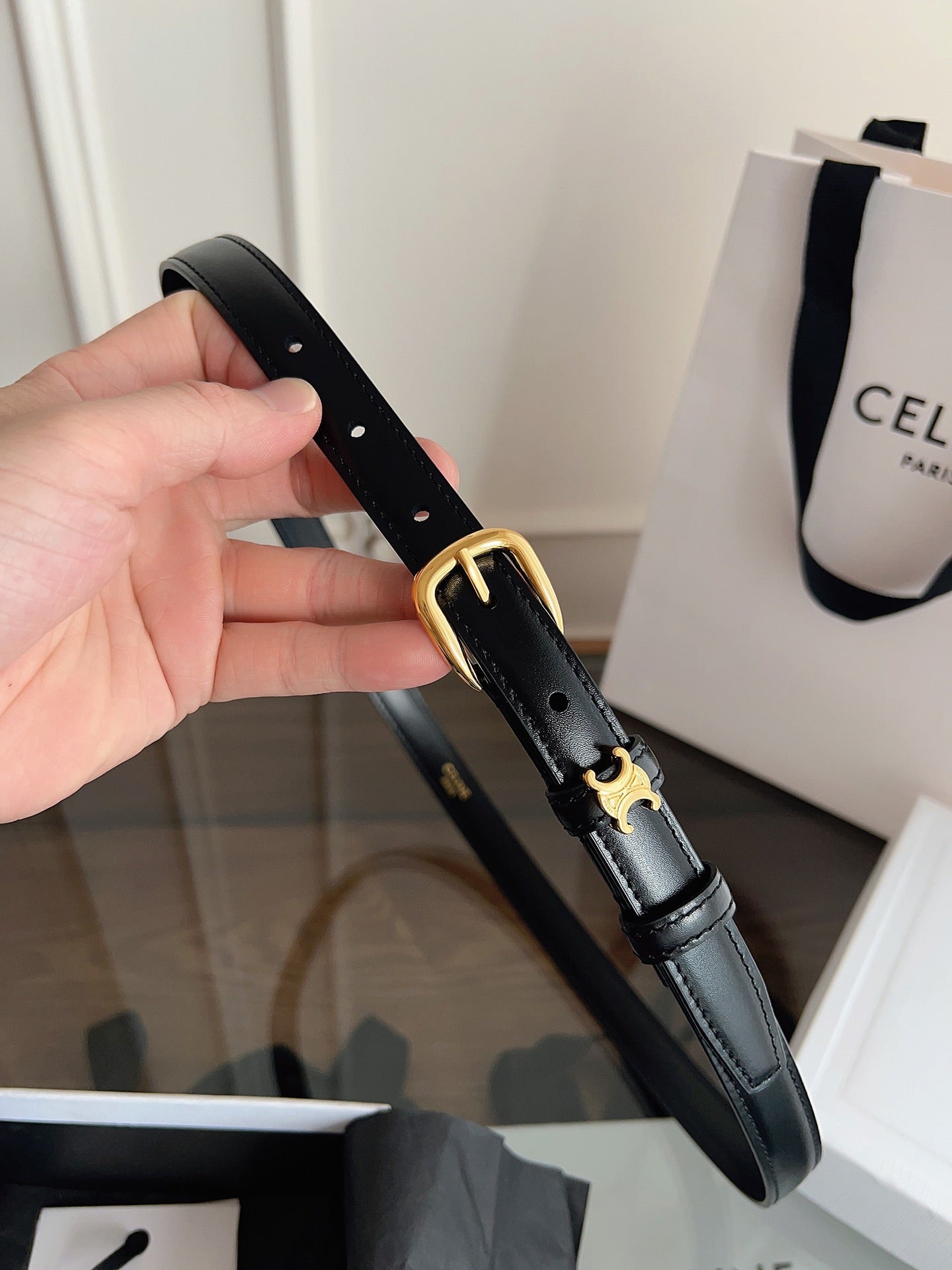 CELINE 26S BELT 18 MM IN BLACK CALFSKIN 658527