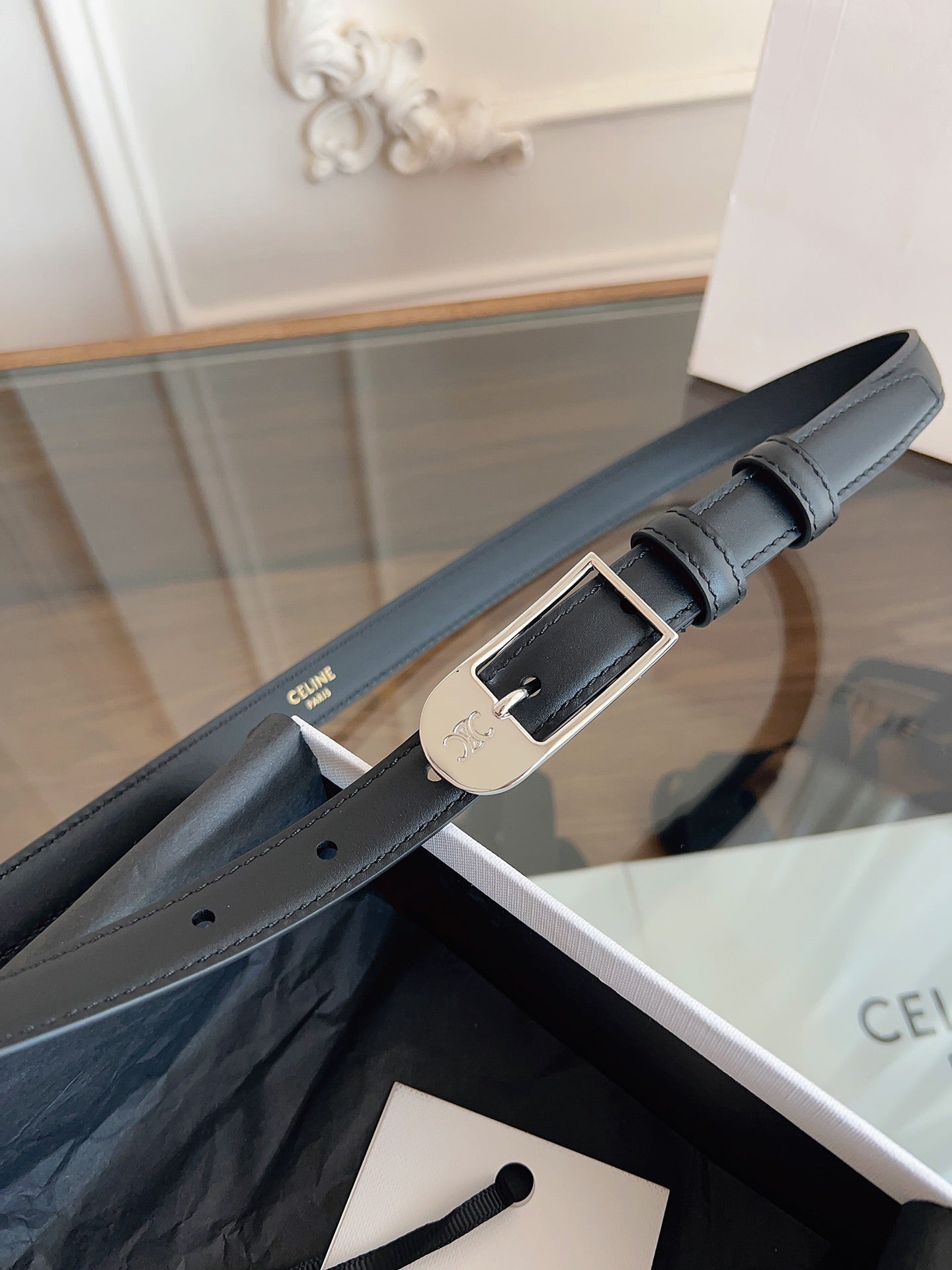CELINE 26S BELT 18 MM IN BLACK CALFSKIN 658530