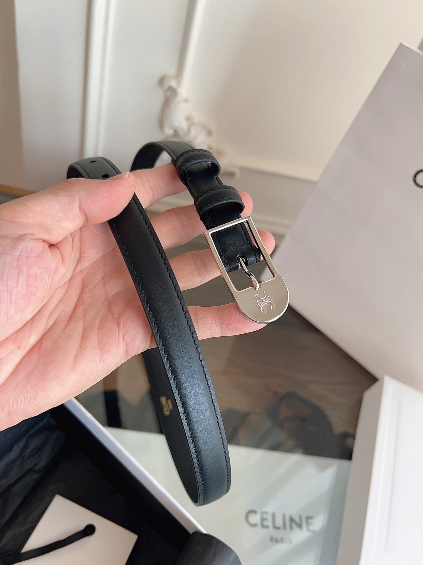 CELINE 26S BELT 18 MM IN BLACK CALFSKIN 658530