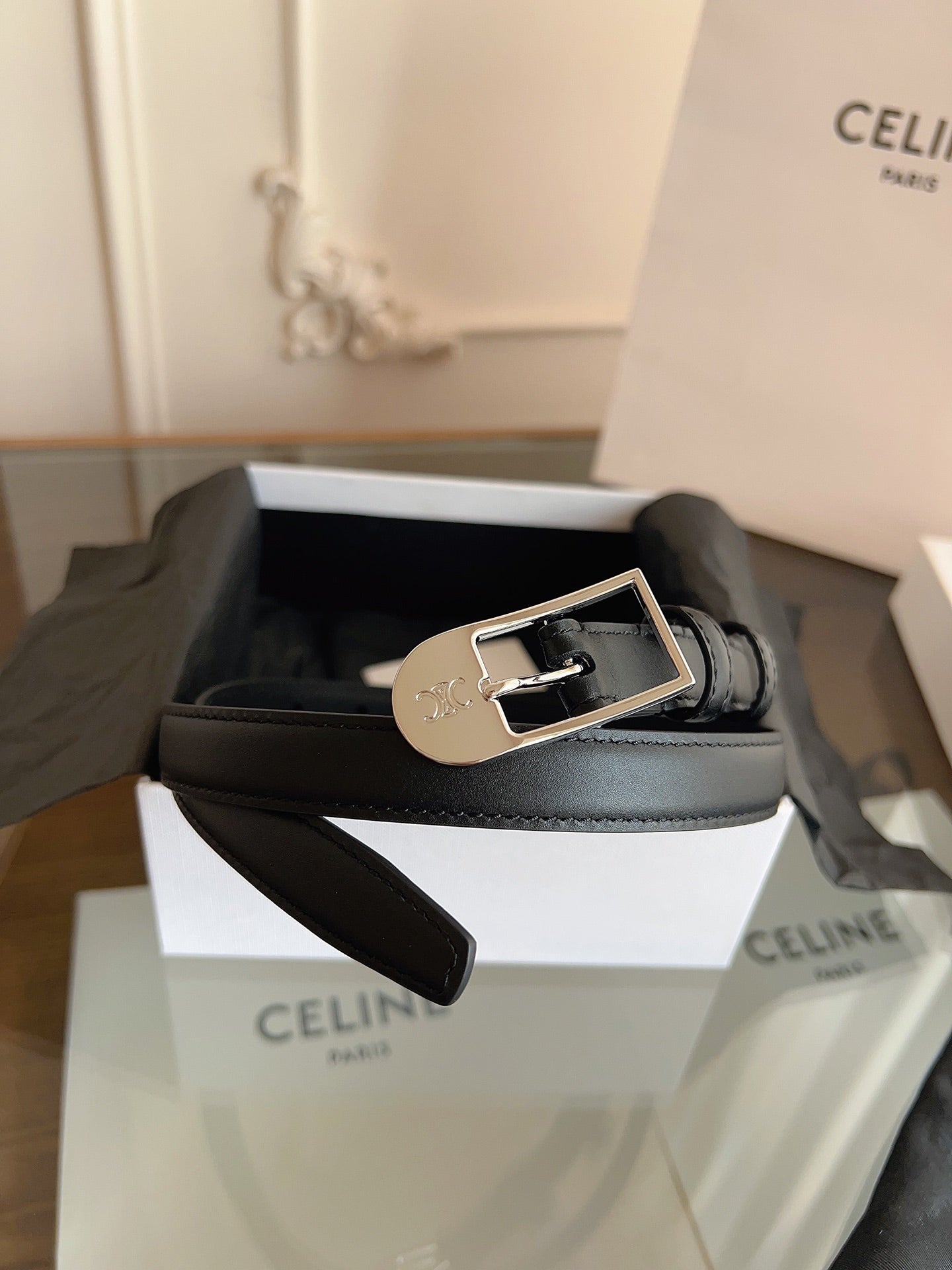 CELINE 26S BELT 18 MM IN BLACK CALFSKIN 658530