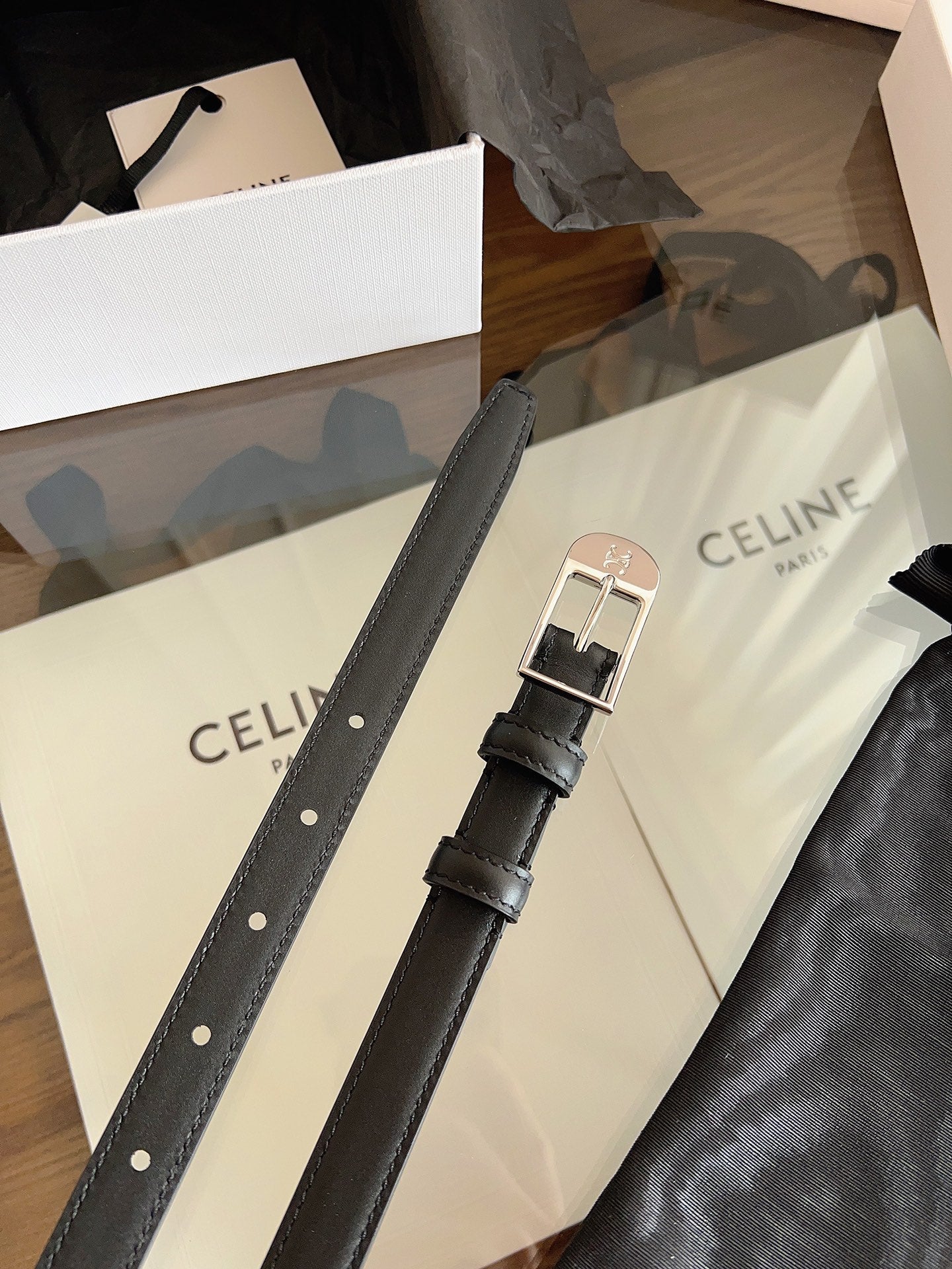 CELINE 26S BELT 18 MM IN BLACK CALFSKIN 658530