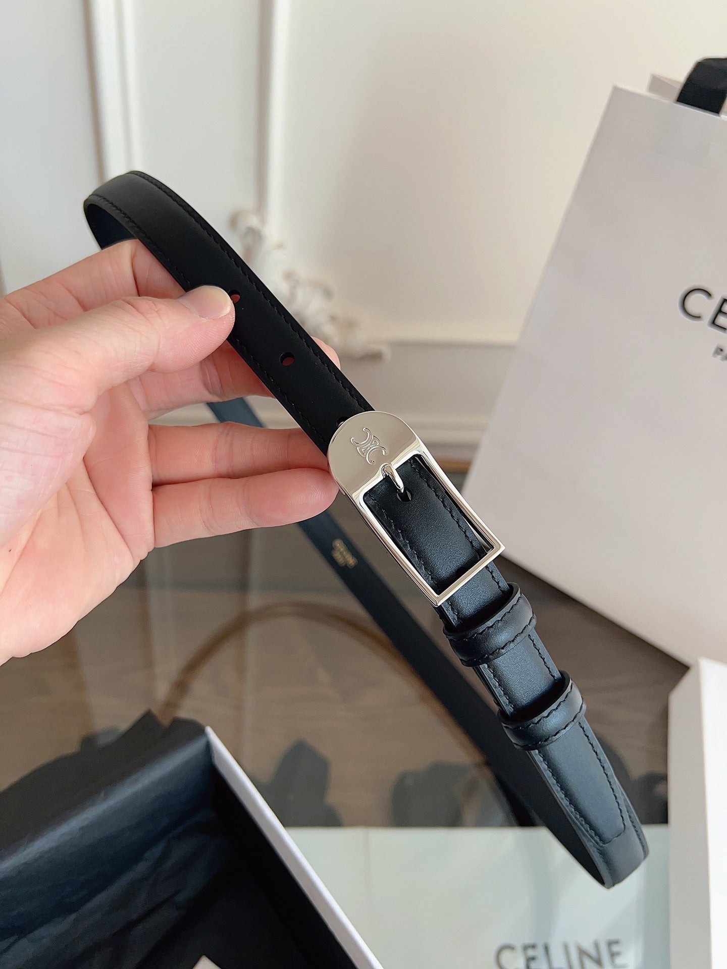 CELINE 26S BELT 18 MM IN BLACK CALFSKIN 658530