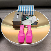 PRADA 26S SQUARE TOE MULES 40MM IN HOT PINK SATIN