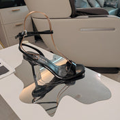 PRADA 26S ANKLE STRAP STILETTO SANDALS 90MM IN BLACK CALFSKIN