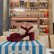 PRADA 26S HEELED SANDALS 65MM IN BURGUNDY RED SUEDE