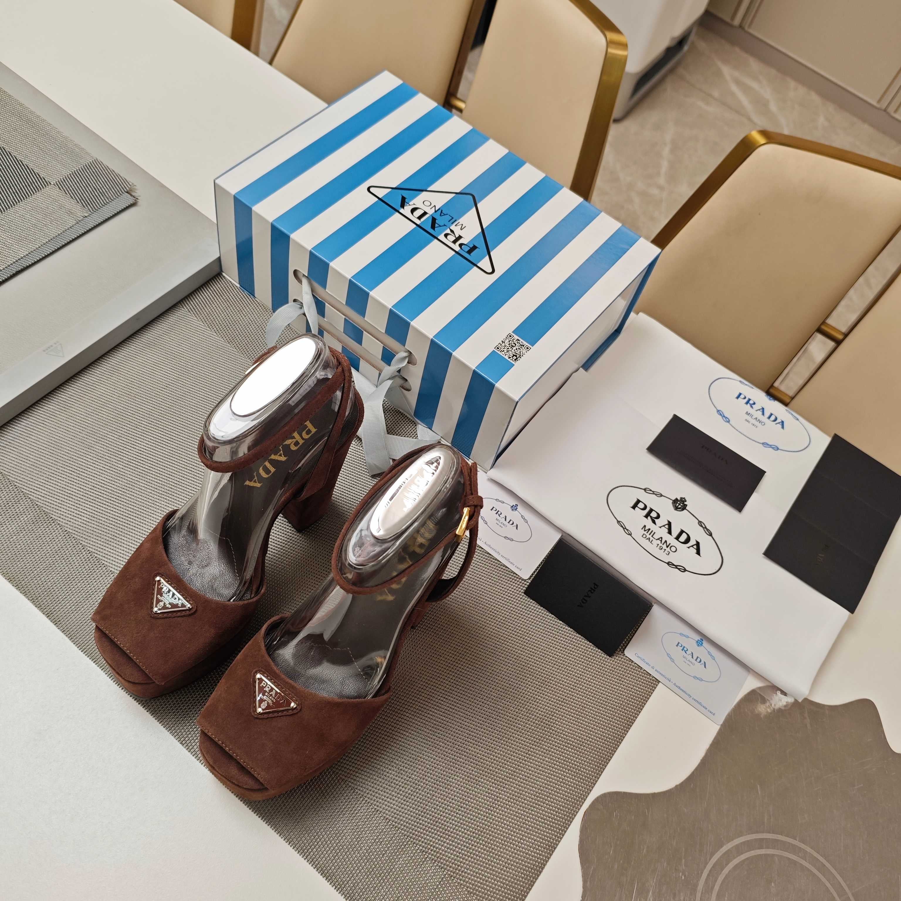 PRADA 26S HEELED SANDALS 135MM IN DARK BROWN SUEDE