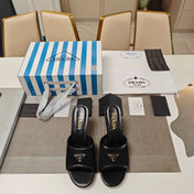 PRADA 26S MULE SANDALS 75MM IN BLACK CALFSKIN AND MESH GOLD HARDWARE