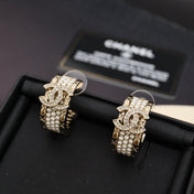 CHANEL 26S DOUBLE C LOGO PEARL & CRYSTAL HOOP EARRINGS IN GOLD METAL 630028