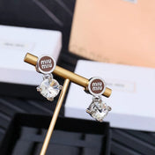MIUMIU 26S CRYSTAL DROP LOGO STUD EARRINGS IN SILVER TONE METAL 626892