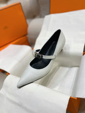 HM 26S MARY JANE POINTED TOE HEELS 40MM IN CREAM WHITE CALFSKIN KELLY BUCKLE