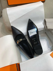 HM 26S KELLY BUCKLE MARY JANE POINTED FLATS IN BLACK CALFSKIN