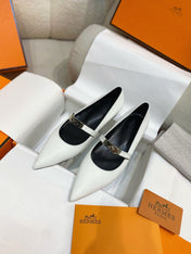 HM 26S KELLY BUCKLE MARY JANE POINTED FLATS IN CREAM WHITE CALFSKIN
