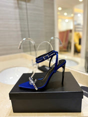 SL RHINESTONE HEELED SANDALS COBALT SATIN