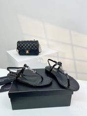 SL Cassandra Croc-Embossed Thong Sandals Black Leather