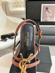 Yves SL Buckle Women Sandals Black Tan Leather