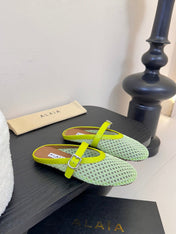 ALAIA FLAT MULES 25S IN MINT GREEN WOVEN MESH