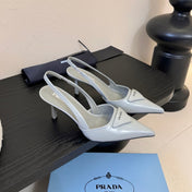 PRADA 26S POINTED TOE SLINGBACK HEELS 60MM IN LIGHT GRAY CALFSKIN WITH LOGO