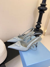 PRADA 26S POINTED TOE SLINGBACK HEELS 60MM IN LIGHT GRAY CALFSKIN WITH LOGO