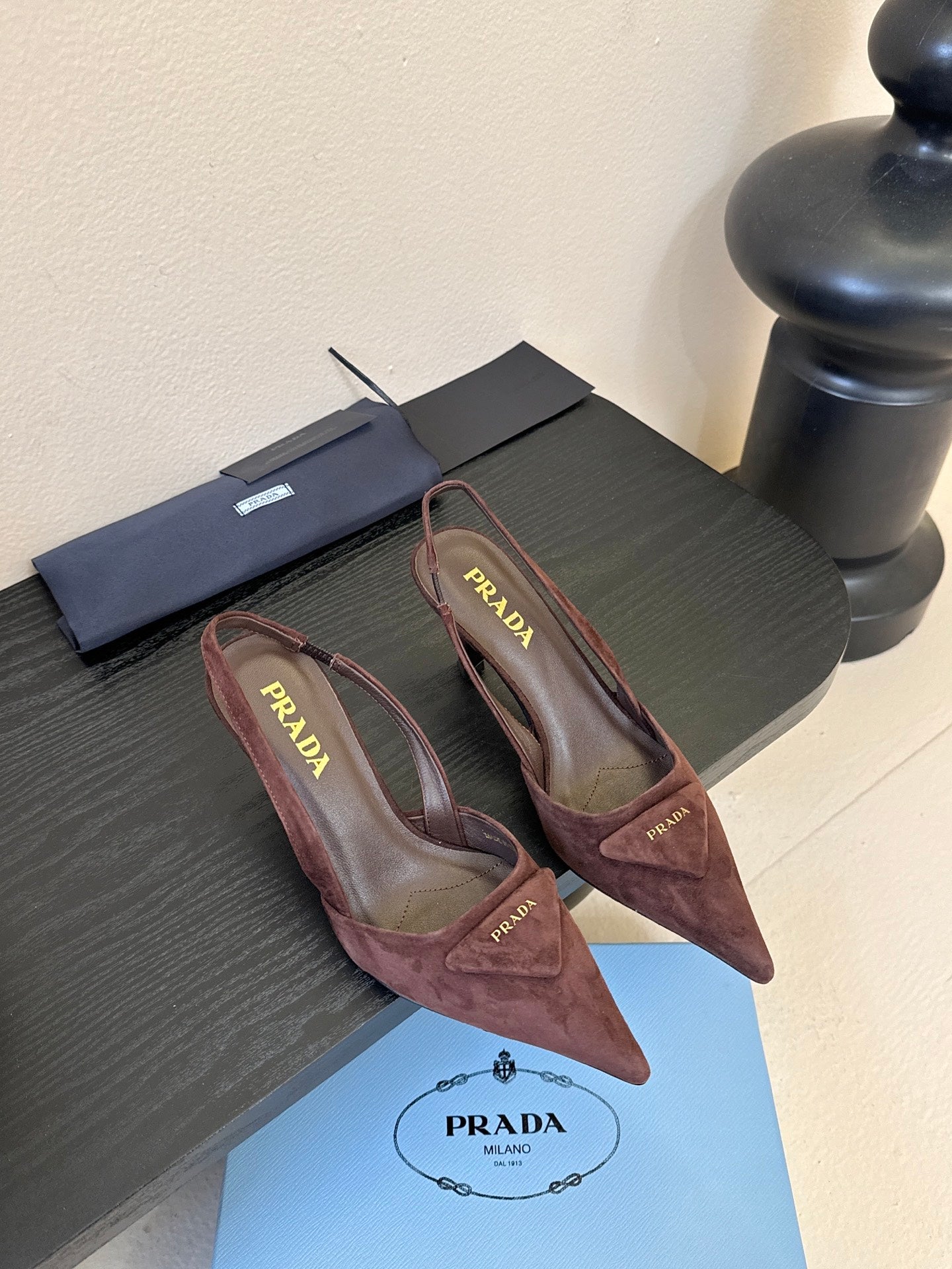 PRADA 26S POINTED TOE SLINGBACK HEELS 60MM IN DARK BROWN SUDE WITH LOGO