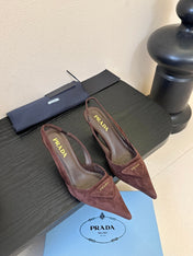 PRADA 26S POINTED TOE SLINGBACK HEELS 60MM IN DARK BROWN SUDE WITH LOGO