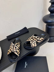YSL 26S CROSS-STRAP SANDALS IN LEOPARD PRINT CALFSKIN HAIR