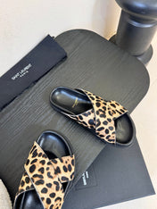 YSL 26S CROSS-STRAP SANDALS IN LEOPARD PRINT CALFSKIN HAIR
