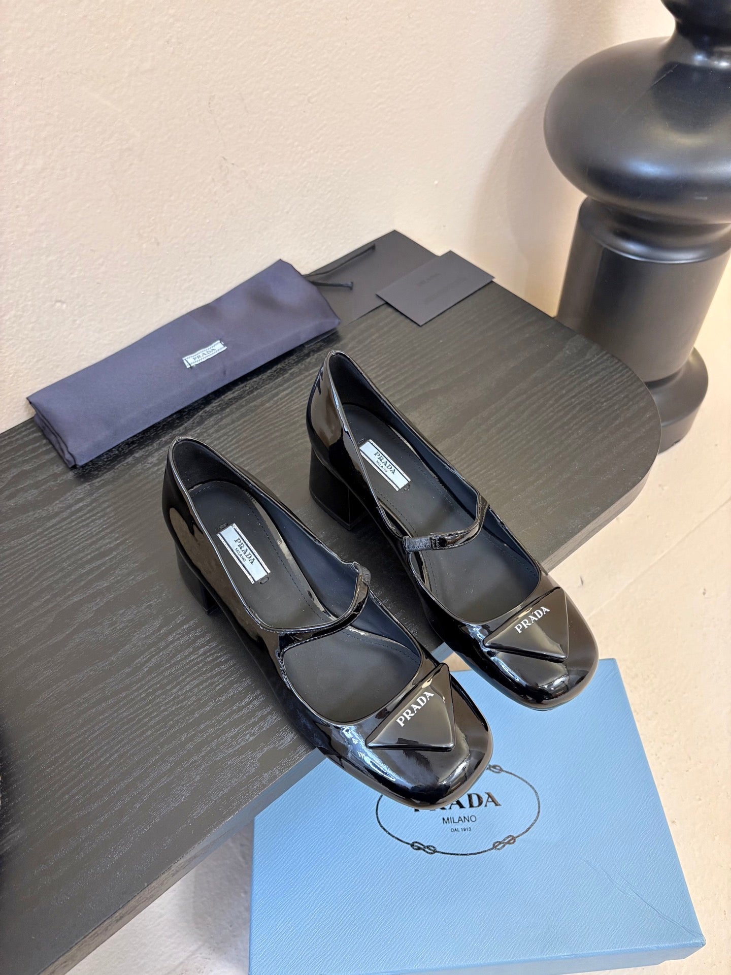 PRADA 26S BLOCK-HEEL MARY JANE IN BLACK PATENT CALFSKIN