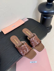 MIUMIU 26S IVETTE WOVEN HEELED SANDALS 40MM IN BROWN CALFSKIN
