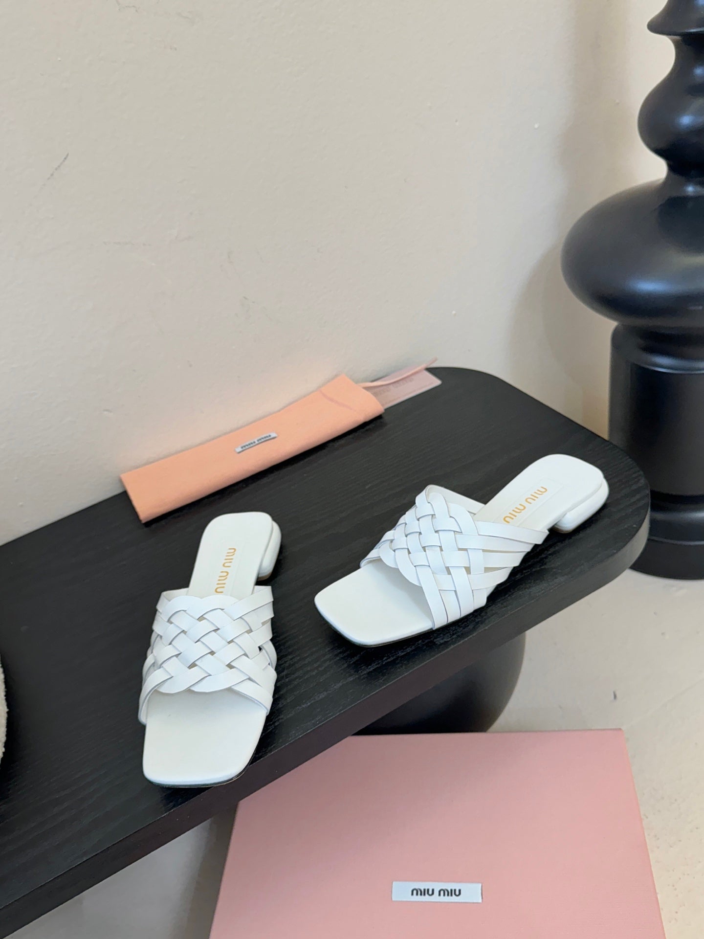 MIUMIU 26S IVETTE WOVEN SLIDE SANDALS IN WHITE CALFSKIN